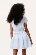 Tween mini skirt in light blue, tiered fabric with lace-edged hem