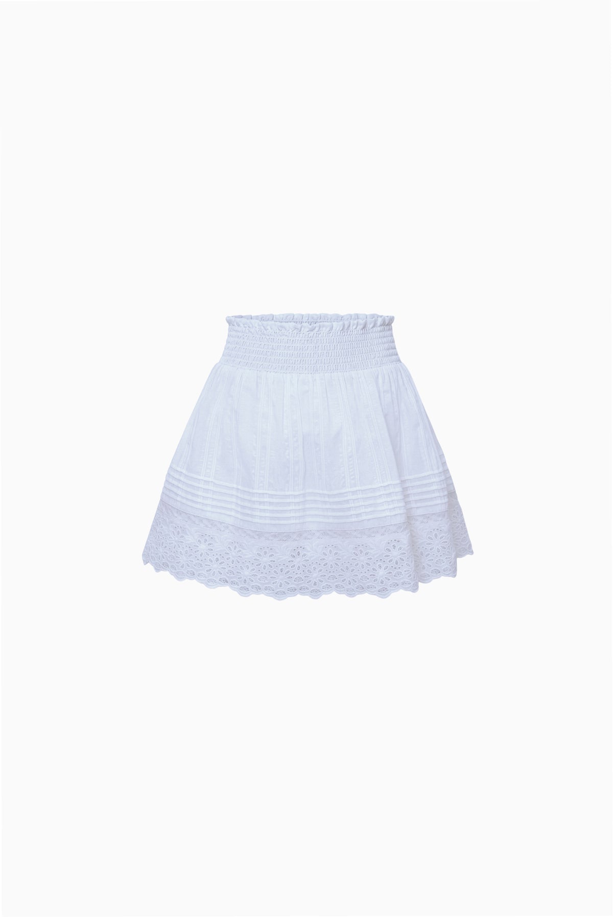 Light blue mini skirt with elastic waistband and lace-trimmed hem
