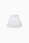 White mini skirt with elastic waistband and lace-trimmed hem