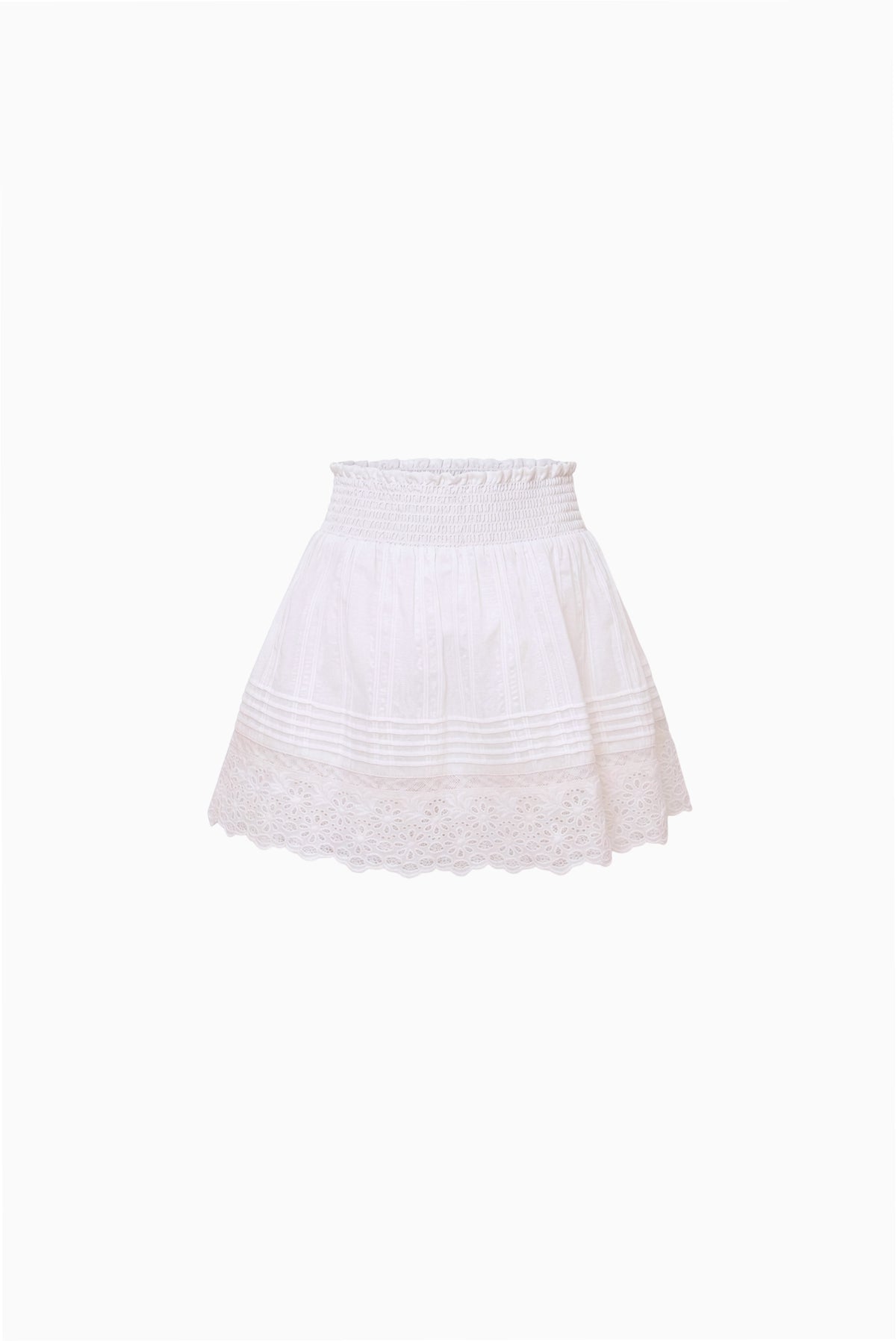 White mini skirt with elastic waistband and lace-trimmed hem