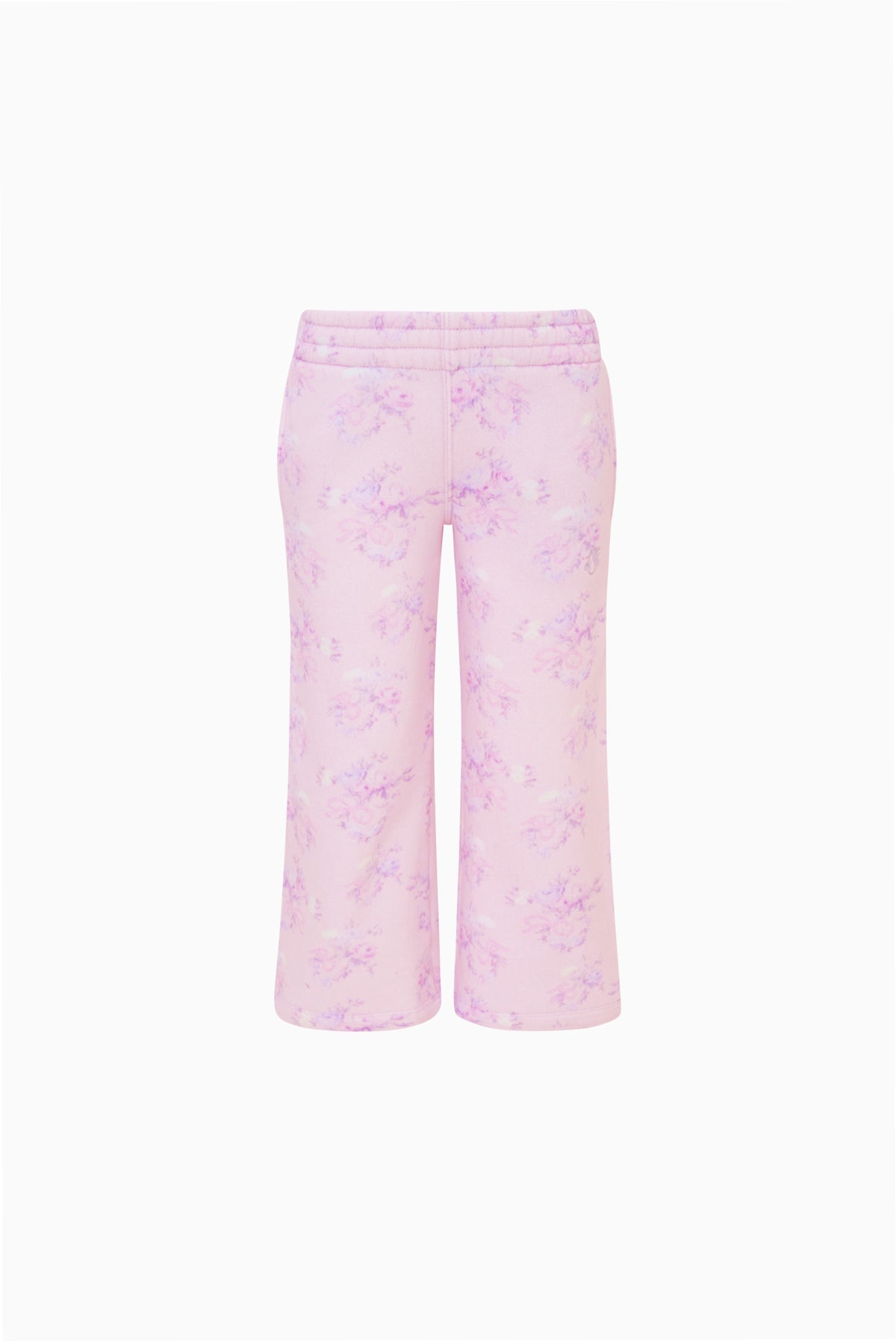 Girls' mauve floral print sweatpants with elastic waist, flat lay