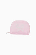 Dusty rose bow applique double-zip cosmetic bag, curved top