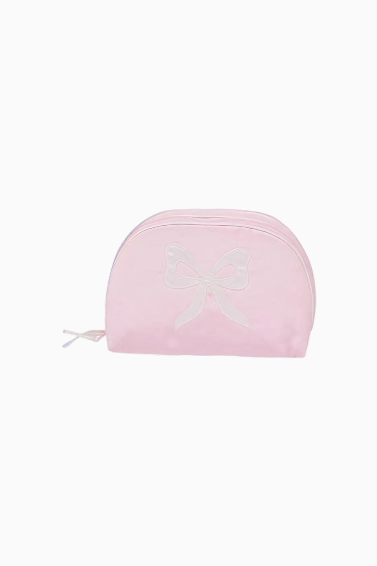 Dusty rose bow applique double-zip cosmetic bag, curved top