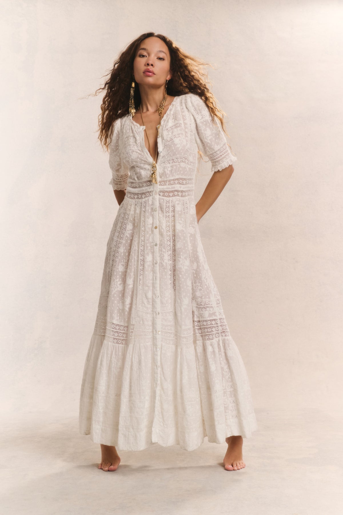 White maxi dress with lace-look texture, V-neck button front, and tiered skirt