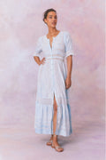 Light blue hand-dye lace maxi dress with V-neck button placket and tiered skirt