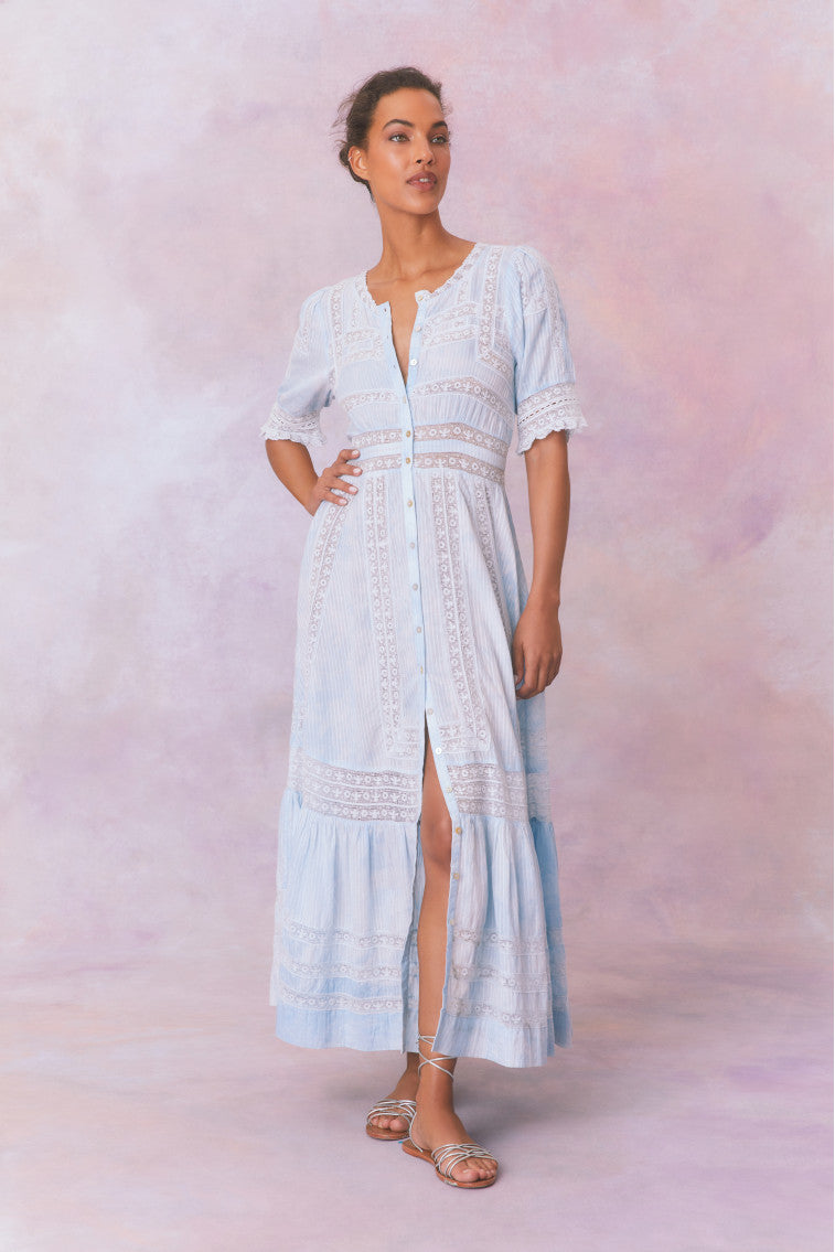 Light blue hand-dye lace maxi dress with V-neck button placket and tiered skirt