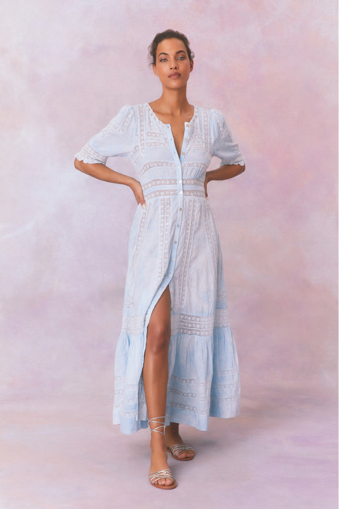 Light blue lace maxi dress with short sleeves, V-neck, button front, tiered hem