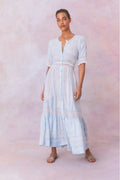 Light blue hand-dye lace maxi dress with embroidered stripes, V-neck and tiered layers