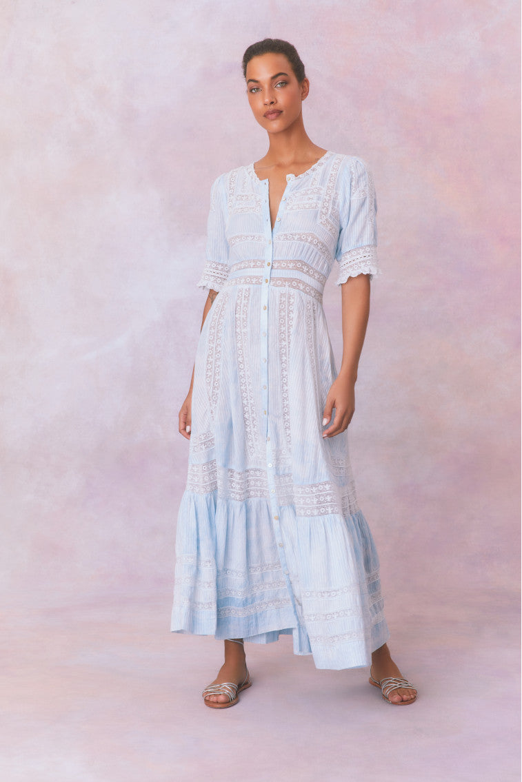 Light blue hand-dye lace maxi dress with embroidered stripes, V-neck and tiered layers