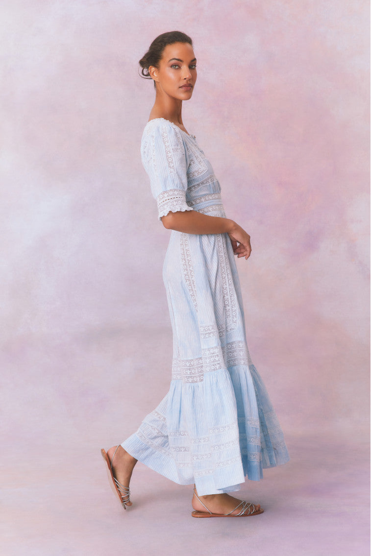 Light blue hand-dye lace maxi dress, side view with V-neck and tiered skirt
