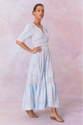 Light blue lace maxi dress with V-neck button front and ruffled tiered hem