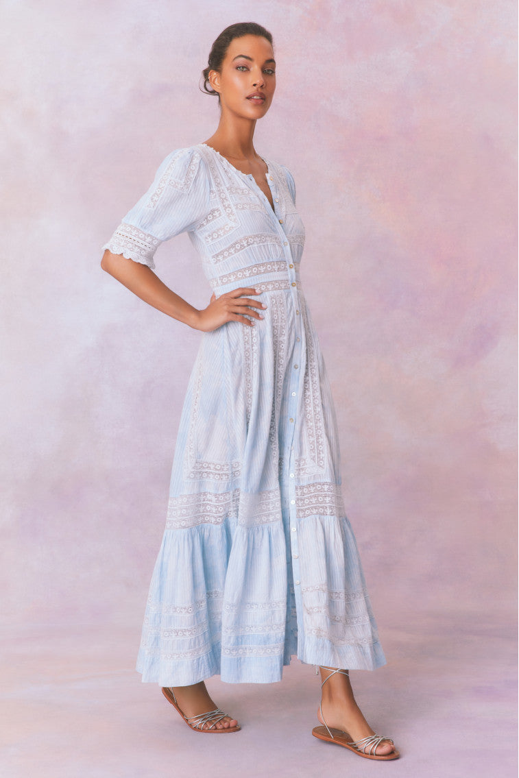 Light blue lace maxi dress with V-neck button front and ruffled tiered hem