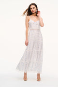 Light blue floral lace maxi dress with spaghetti straps and tiered skirt