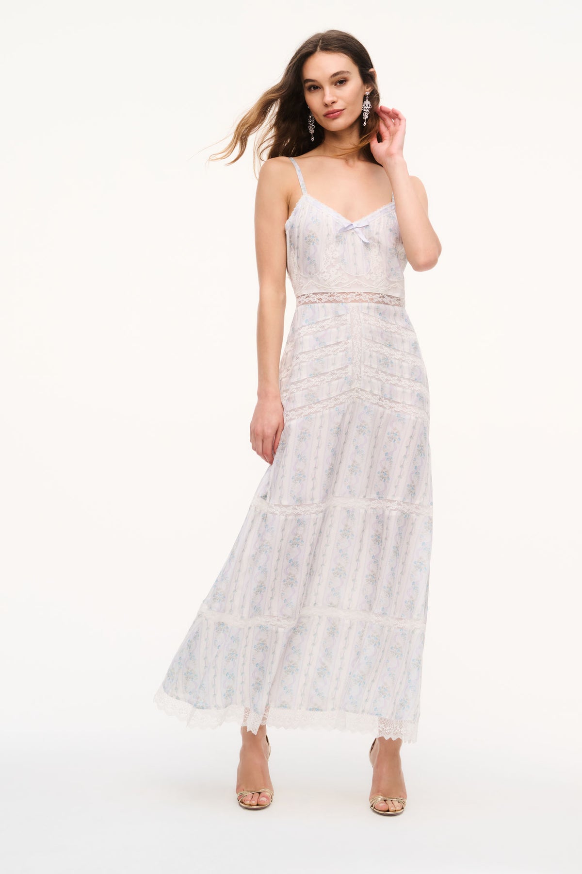 Light blue floral lace maxi dress with spaghetti straps and tiered skirt