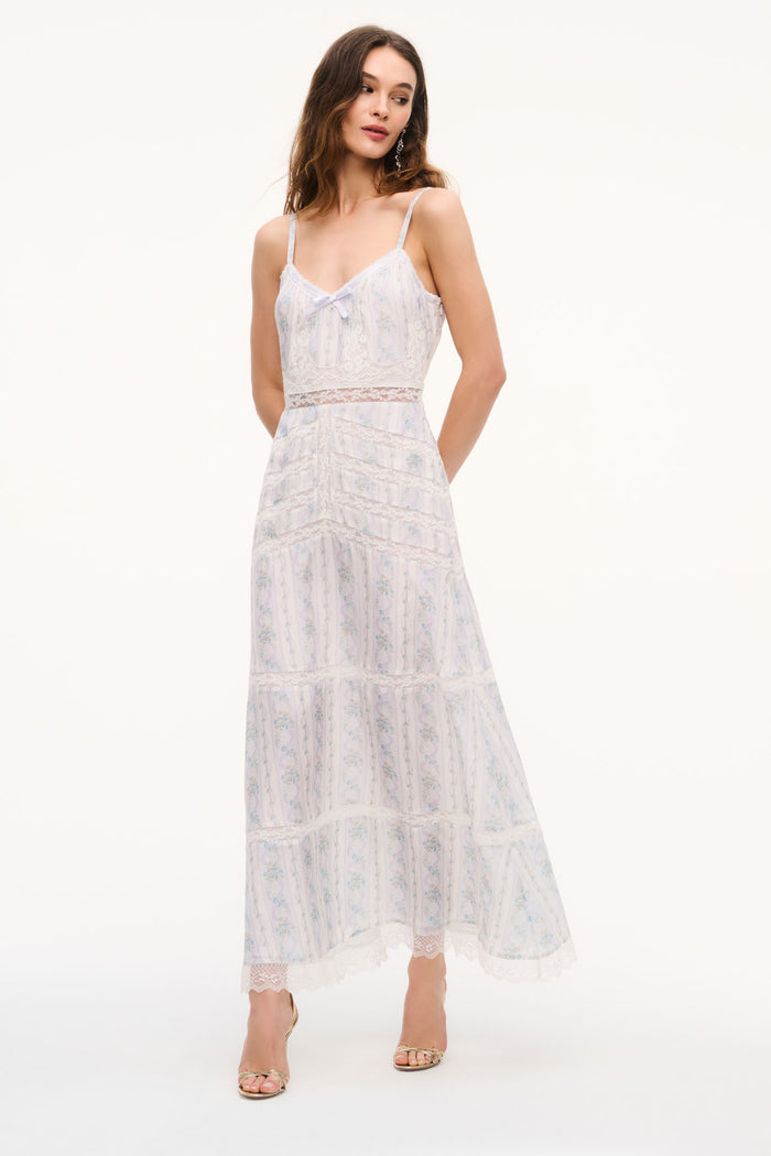 Floral lace cami maxi dress with thin straps, fitted waist, tiered hem