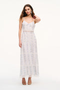 Floral lace maxi dress with spaghetti straps, bow detail, and tiered skirt