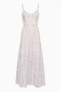 Floral lace maxi dress with spaghetti straps and tiered skirt hem