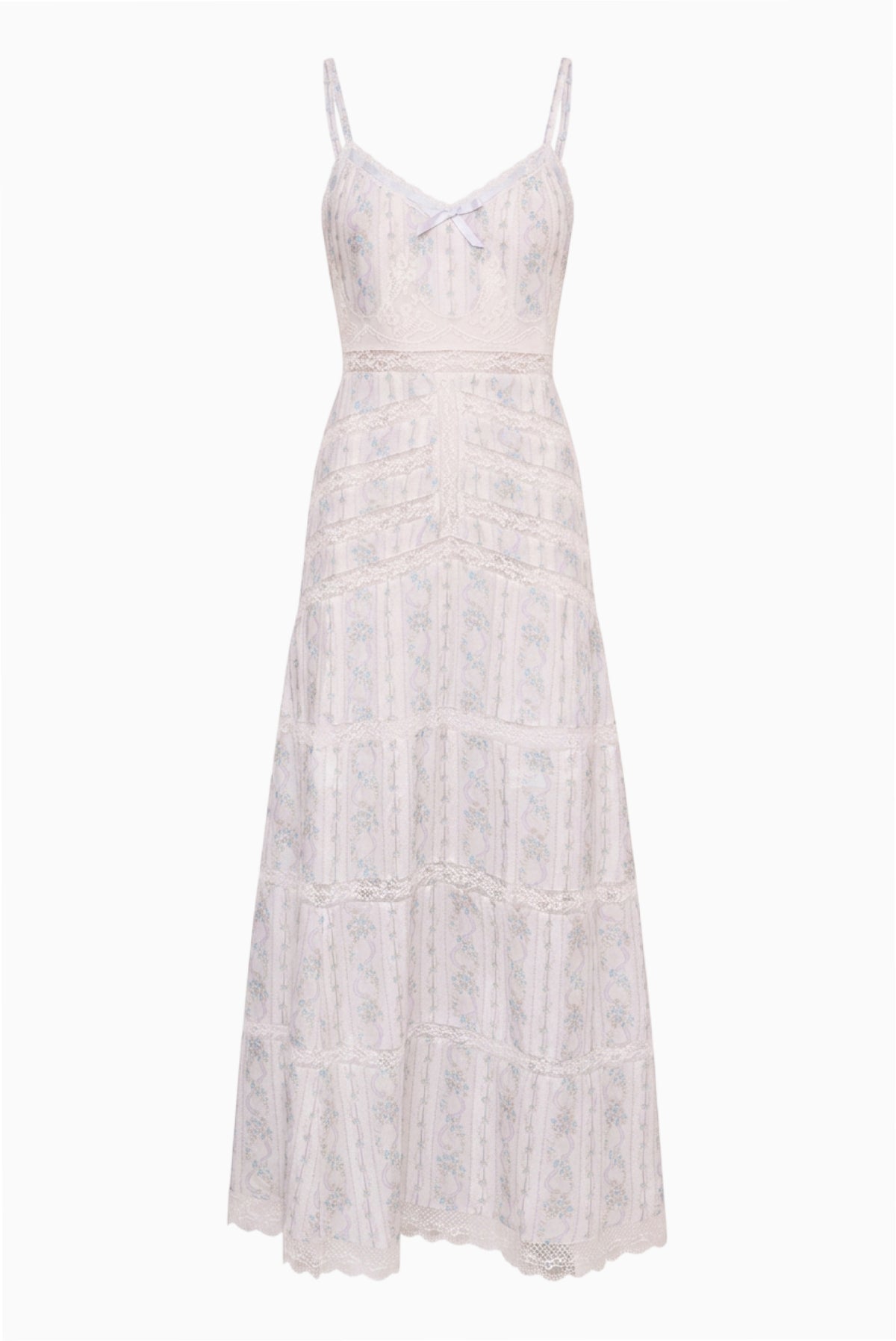 Floral lace maxi dress with spaghetti straps and tiered skirt hem