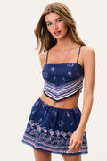Navy bandana print mini skort with elastic waist and flared A-line silhouette