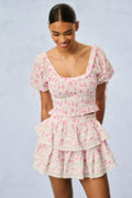 Pink floral smocked short-sleeve tiered mini dress with ruffled skirt