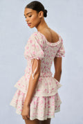 Pink floral print mini dress with tiered ruffles and square neckline, side/back view