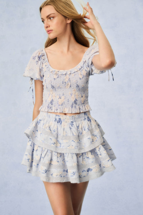 Blue floral smocked short-sleeve tiered mini dress with ruffled skirt
