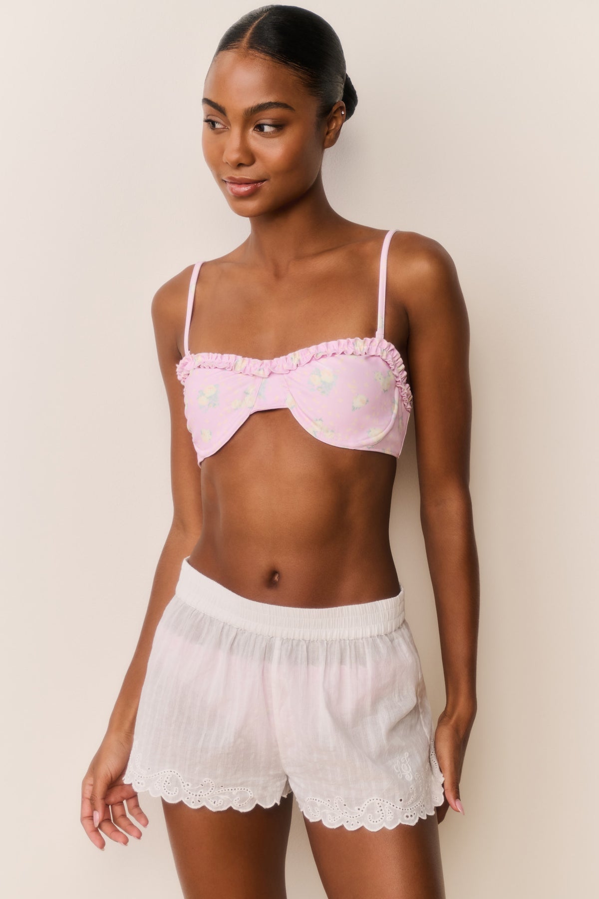 White embroidered cotton cover-up shorts with lace trim and scalloped hem