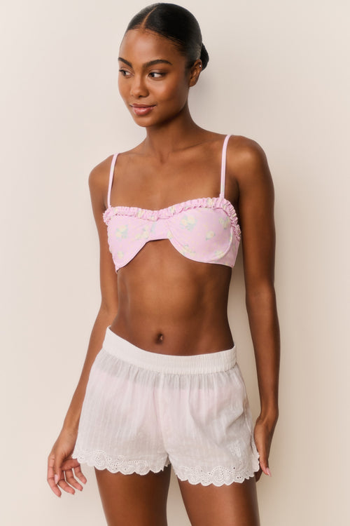 White embroidered cotton cover-up shorts with lace trim and scalloped hem