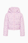 Moore puffer jacket in icy mauve with floral print, full-zip, hood