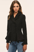 Black tweed peplum jacket with V-neck, peplum waist detail and long sleeves