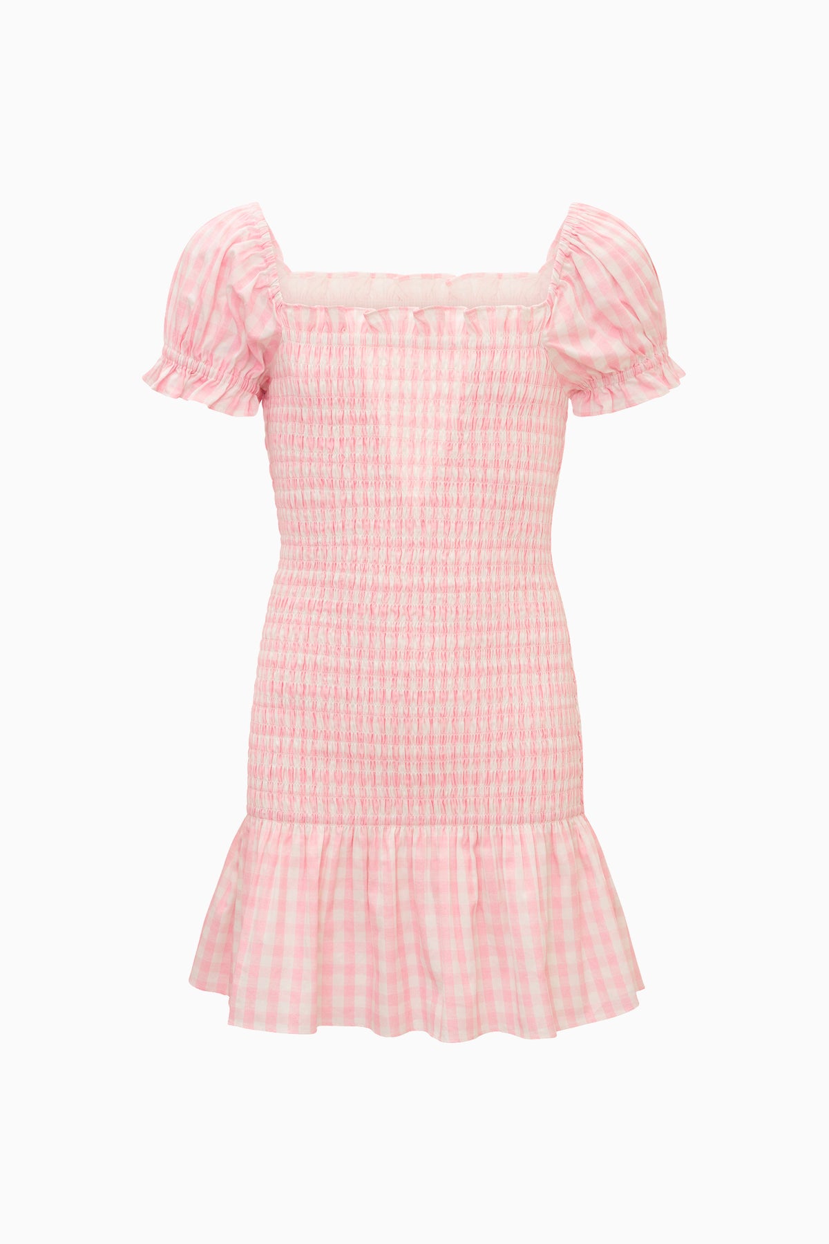 Pink gingham cotton tween dress, off-shoulder square neckline, puff sleeves, ruffle hem