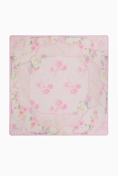 Square mahjong mat in sorbet pink with ornate floral border