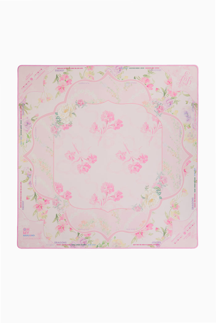 Square mahjong mat in sorbet pink with ornate floral border