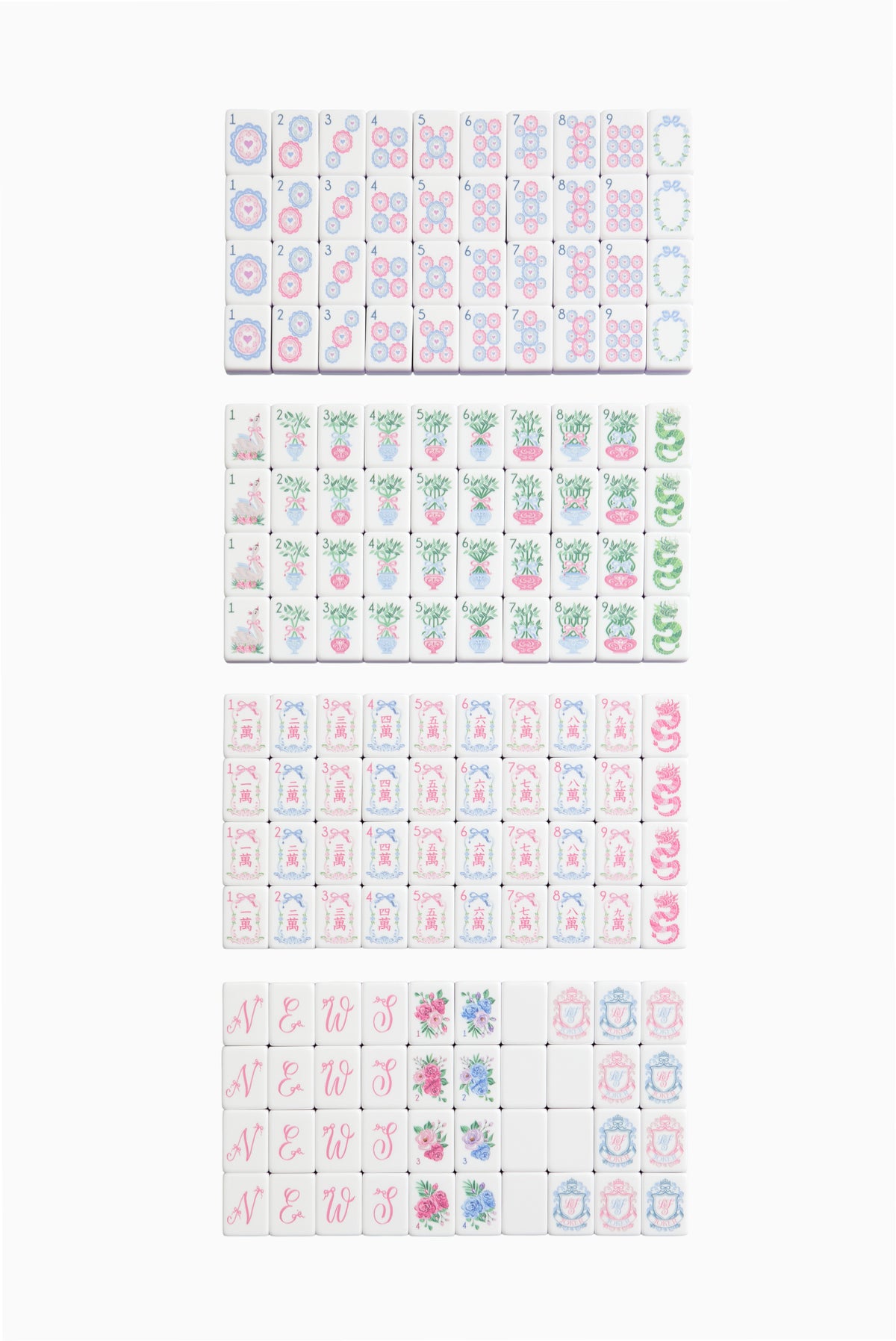Pastel coquette mahjong tile set, assorted floral and letter-number designs