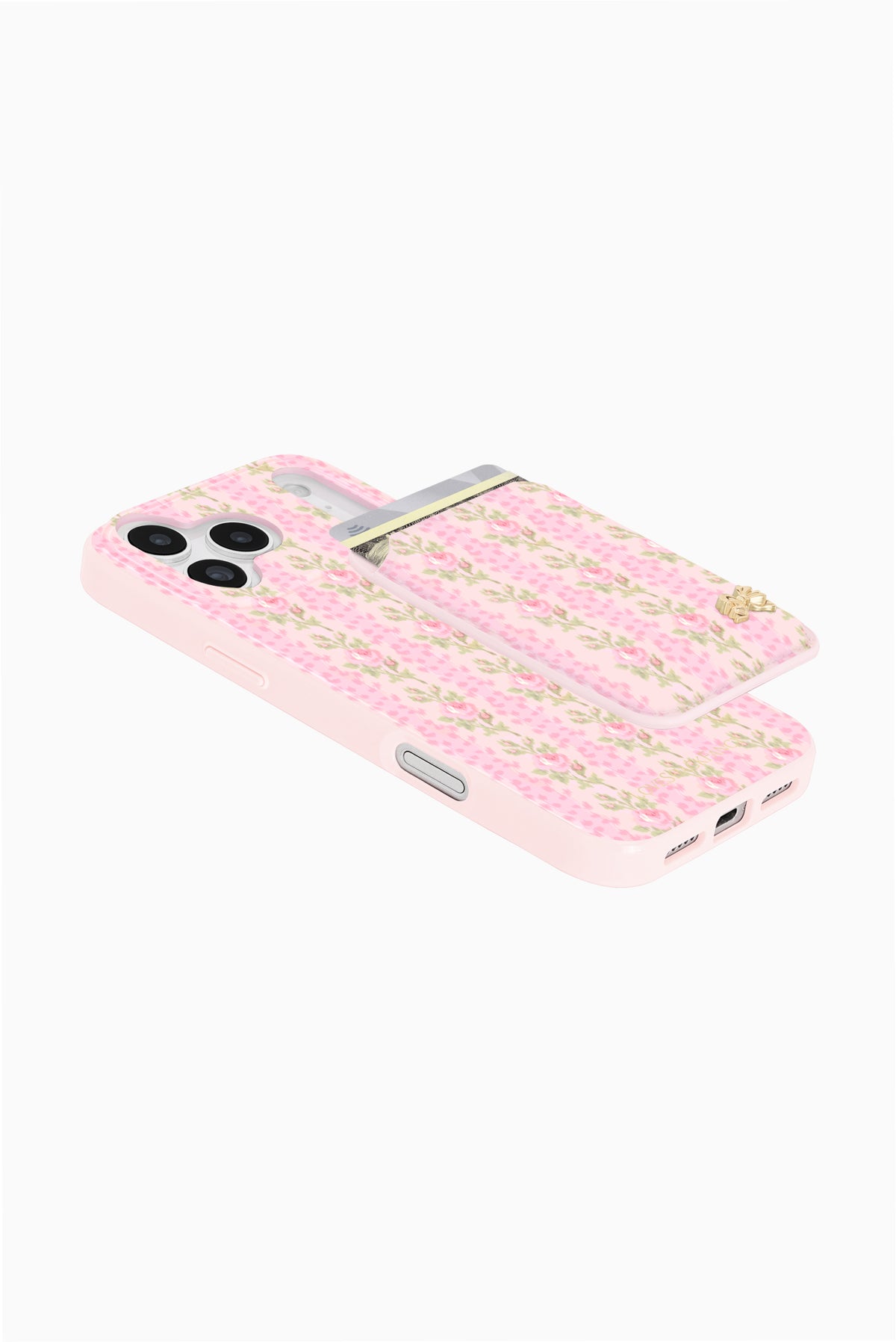Pink floral magnetic wallet phone case, side view showing card pocket opening