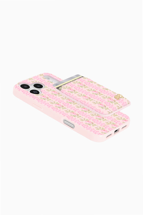 Pink floral magnetic wallet phone case, side view showing card pocket opening