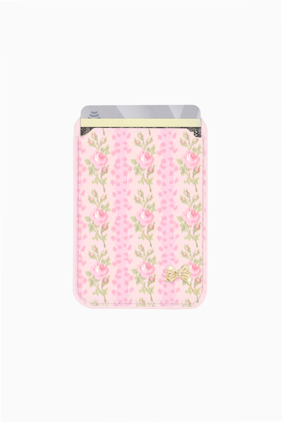 Pink floral magnetic phone wallet case with top card holder and gold bow detail