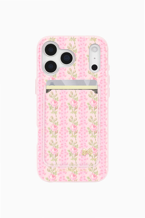 Pink floral magnetic phone wallet case with MagSafe-style magnetic wallet pocket and gold bow
