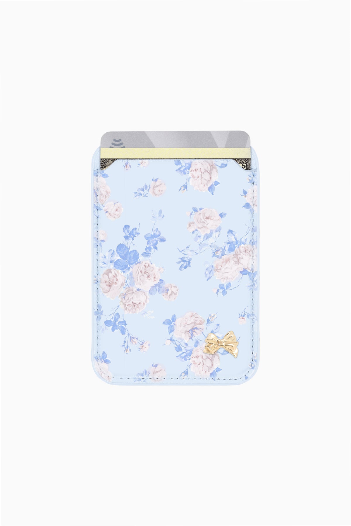 Magnetic wallet insert for MagSafe, light blue floral rosette pocket with card slot
