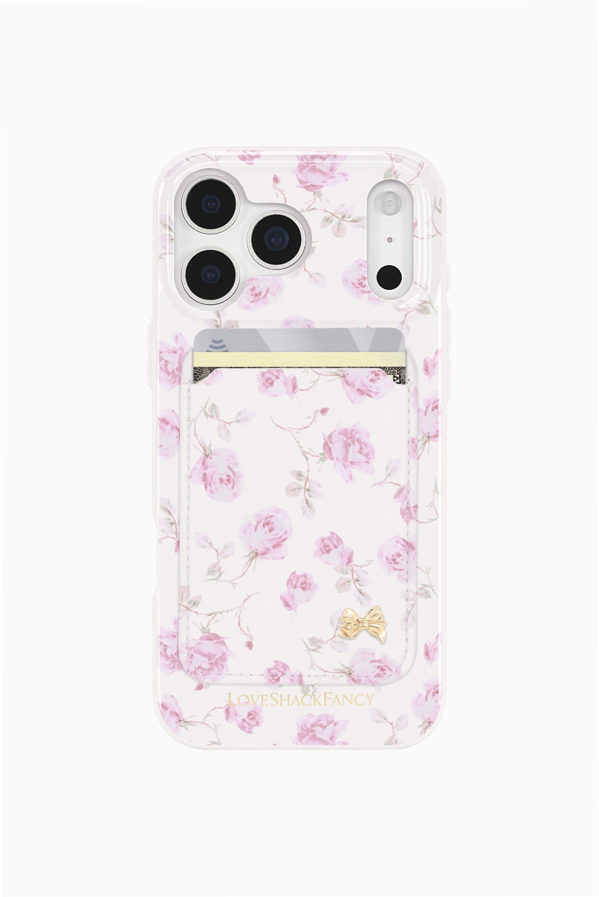 MagSafe phone case with magnetic wallet pocket, pink rose floral and gold bow