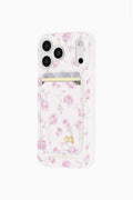 MagSafe phone case with magnetic wallet, pink rose floral and gold bow