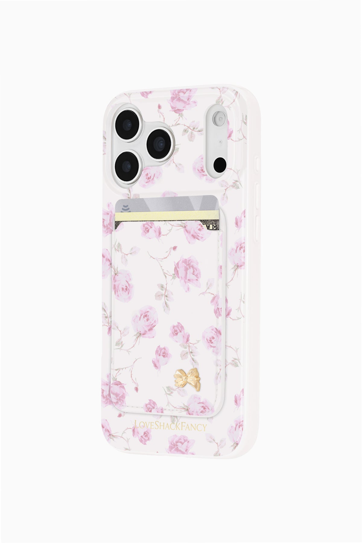 MagSafe phone case with magnetic wallet, pink rose floral and gold bow