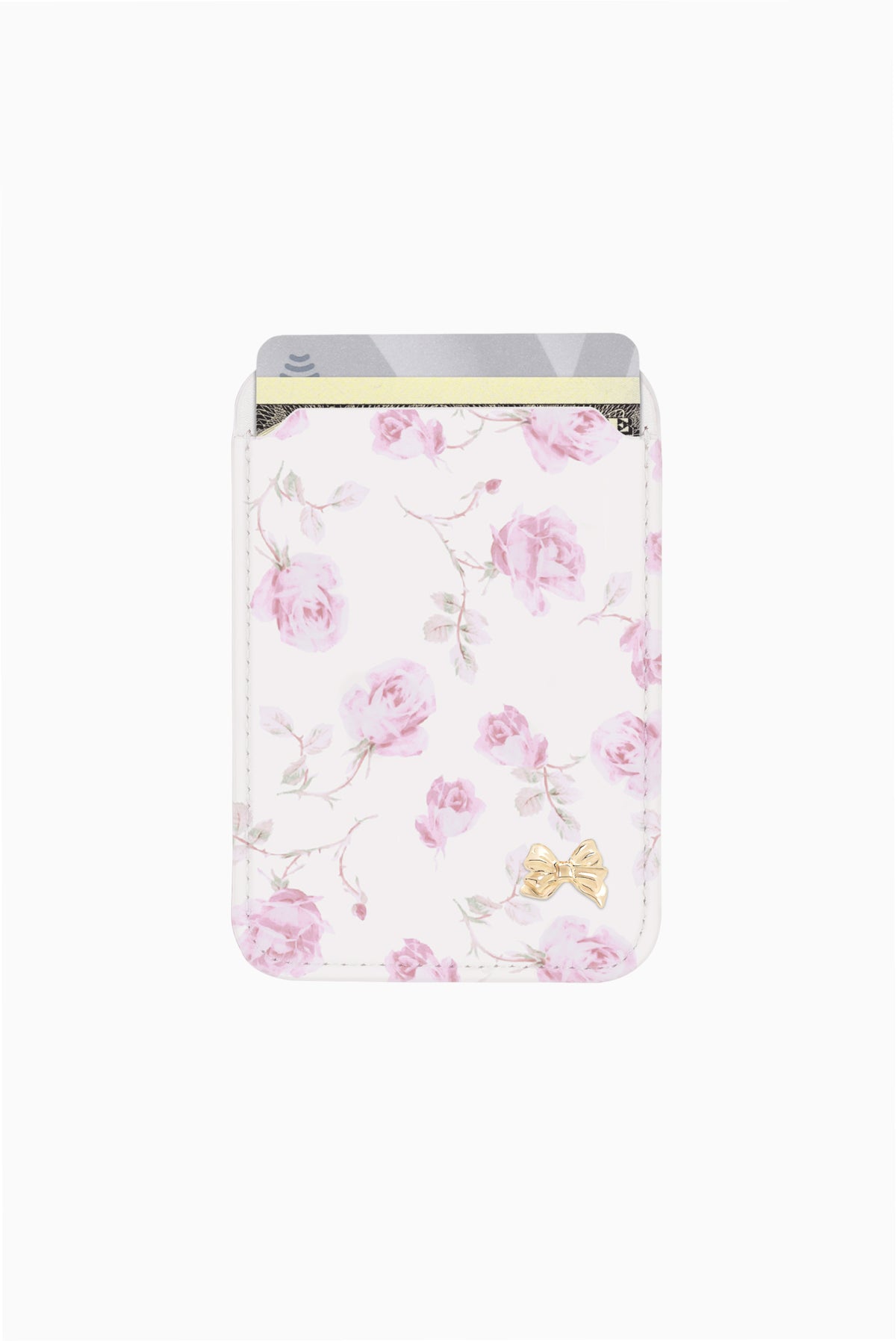 MagSafe magnetic wallet pocket, pink rose floral with gold bow detail