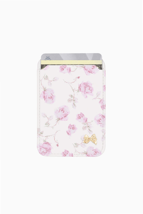 MagSafe magnetic wallet pocket, pink rose floral with gold bow detail