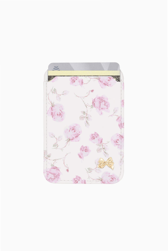 MagSafe magnetic wallet pocket, pink rose floral with gold bow detail