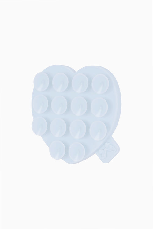 Blue heart-shaped adhesive suction phone mount with raised circular grip dots