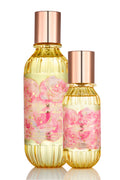 Mini hair and body mist bottle set with rose-gold caps, gold glass, pink floral labels