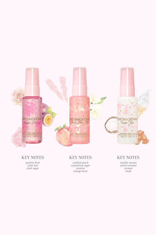 Three mini perfume mist bottles with fruit-themed decor and rose-gold sprayers