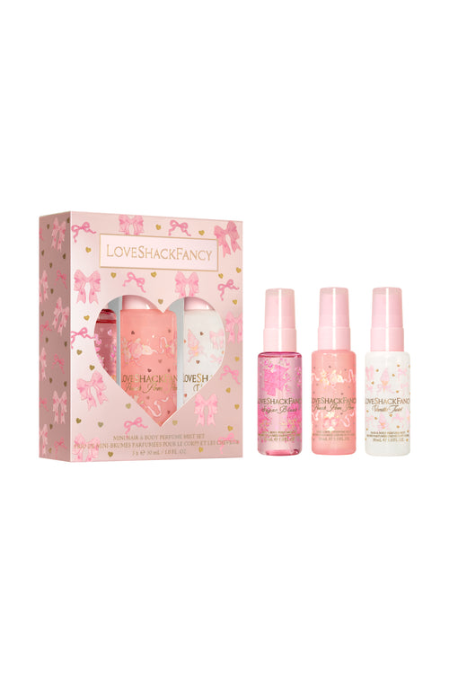 Mini hair and body perfume mist gift set with box and three pink mist bottles