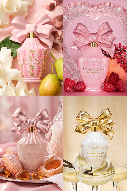 Mini perfume bottles with large pink bows, pear and strawberry accents